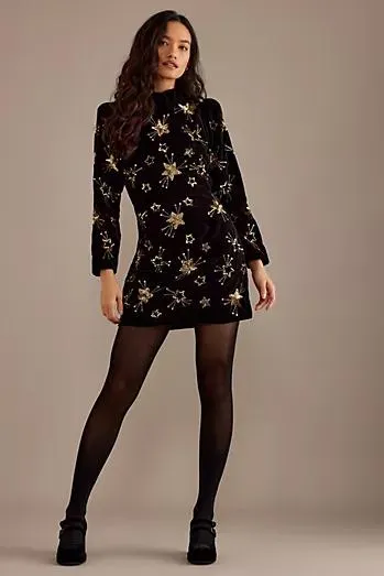Queens of Archive Starling Star Print Long-Sleeve Velvet Mini Dress