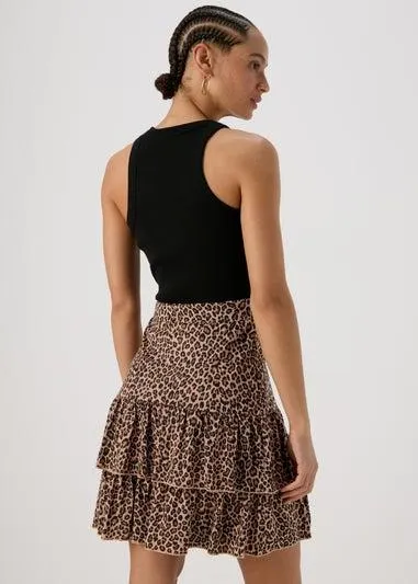 Papaya Brown Animal Print Tiered Jersey Mini Skirt - Size 8