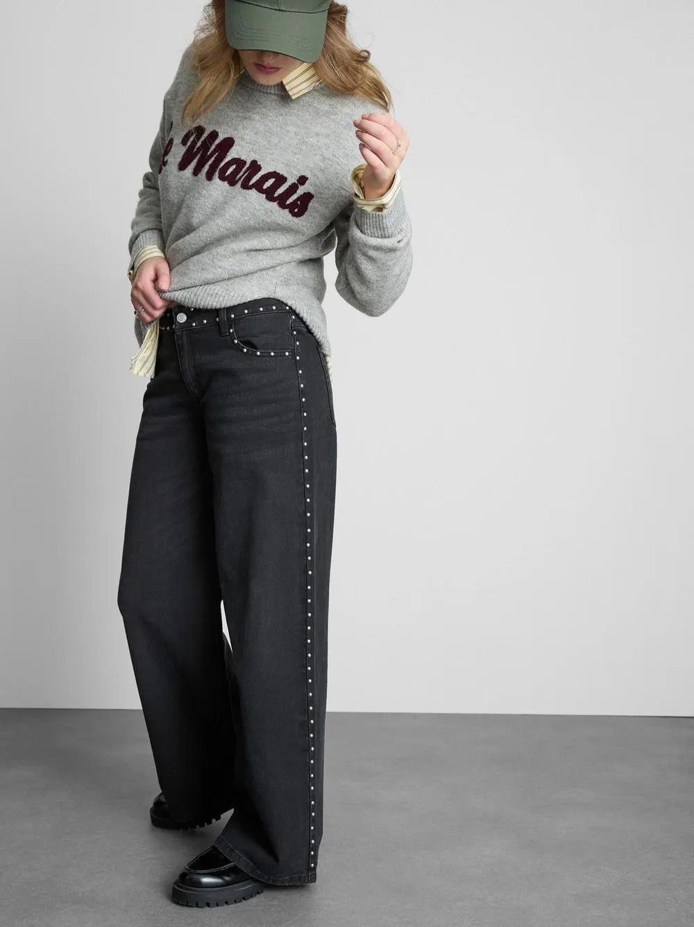 Cotton Wide Leg Stud Detail Jeans