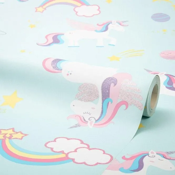 Space Unicorn Childrens Glitter Wallpaper in Teal