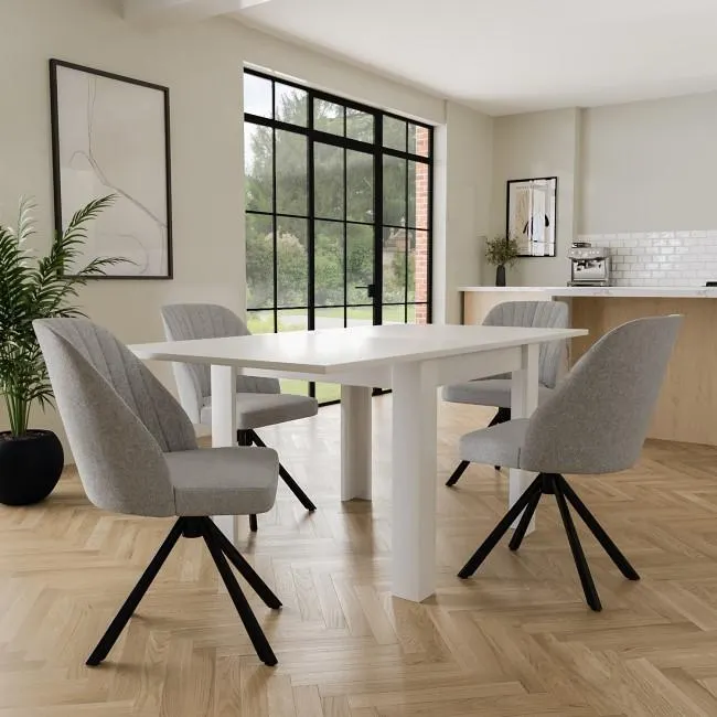 White High Gloss Flip Top Dining Table with 4 Grey Fabric Swivel Dining Chairs- Vivienne