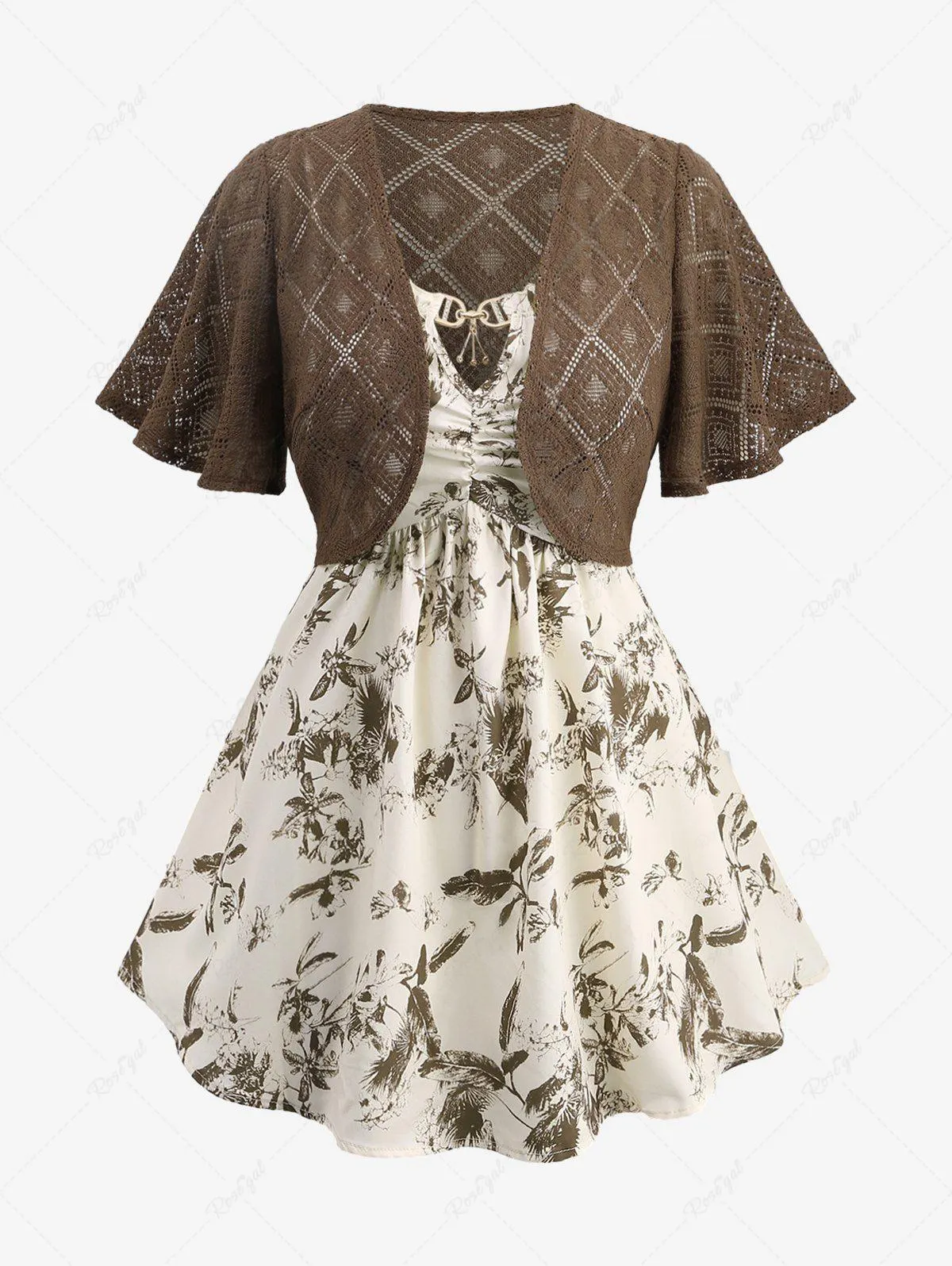 Plus Size Floral Leaf Print Keyhole Ruched Cami Top and Lace Crochet Open Front Blouse Set - 3x | Us 22-24