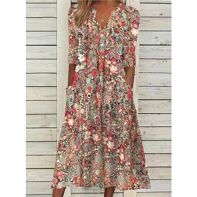 Women's Casual Dress Ethnic Dress Midi Dress Red Half Sleeve Floral Print Fall Spring Summer V Neck Casual Vacation 2023 S M L XL XXL 3XL