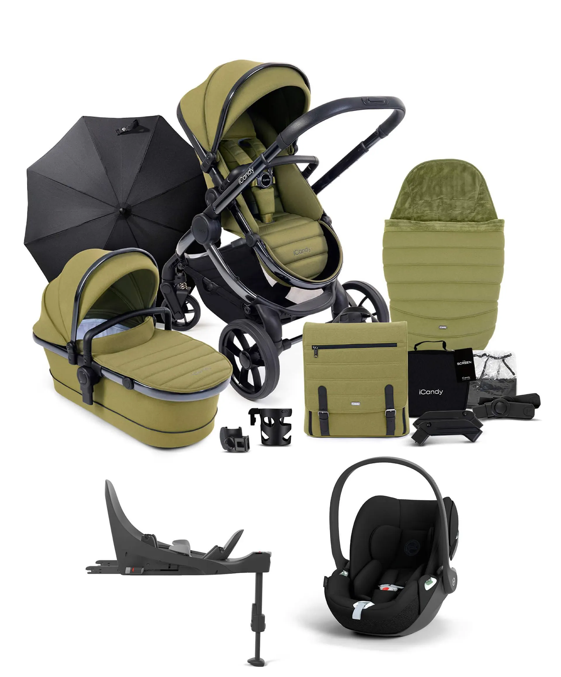 iCandy Peach 7 Pushchair Bundle with Cloud T Car Seat and Base in Olive Green