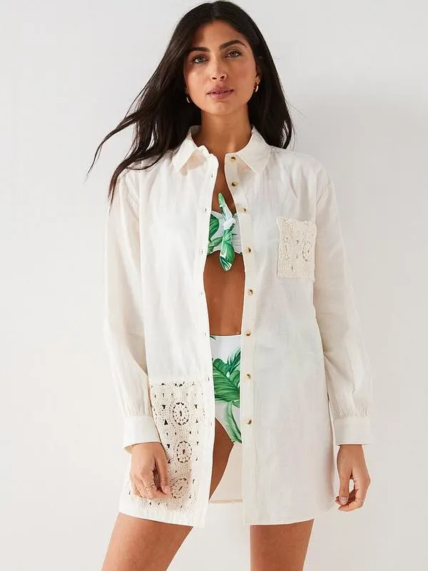 Crochet Insert Beach Shirt - Cream
