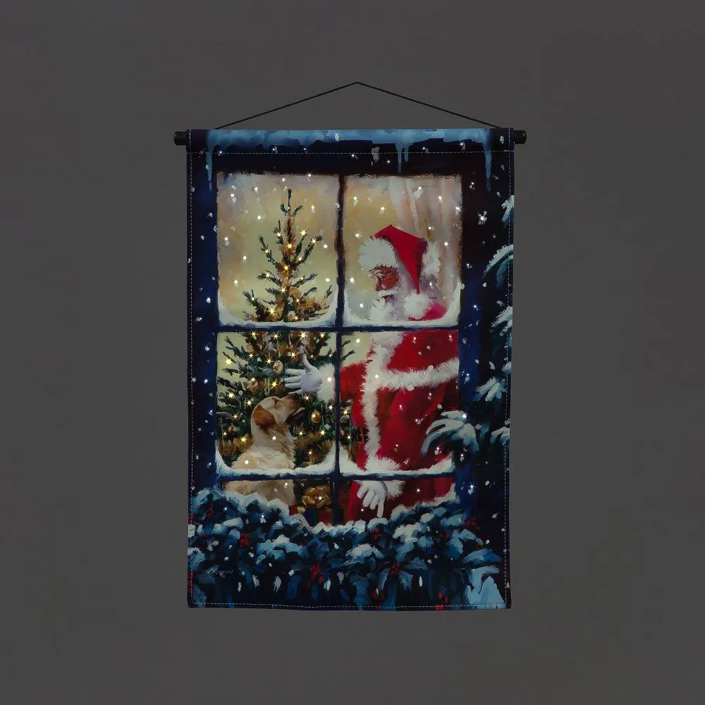 Battery Operated Fibre Optic Santa And Dog Hanging Christmas Canvas (40x60cm)