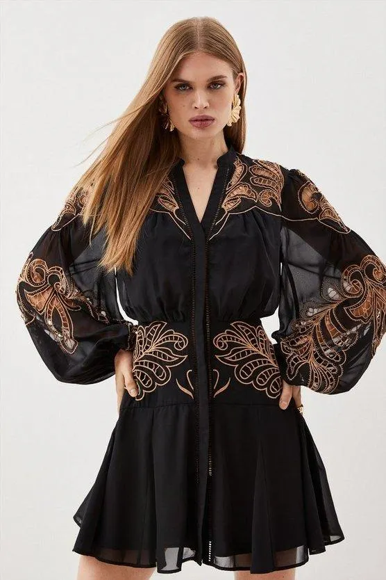 Cutwork Beaded Embroidered Woven Mini Dress