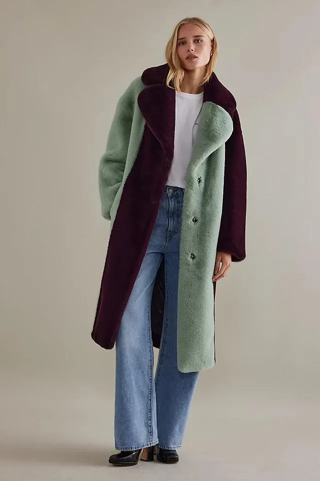Jakke Katie Faux-Fur Colourblock Midi Coat