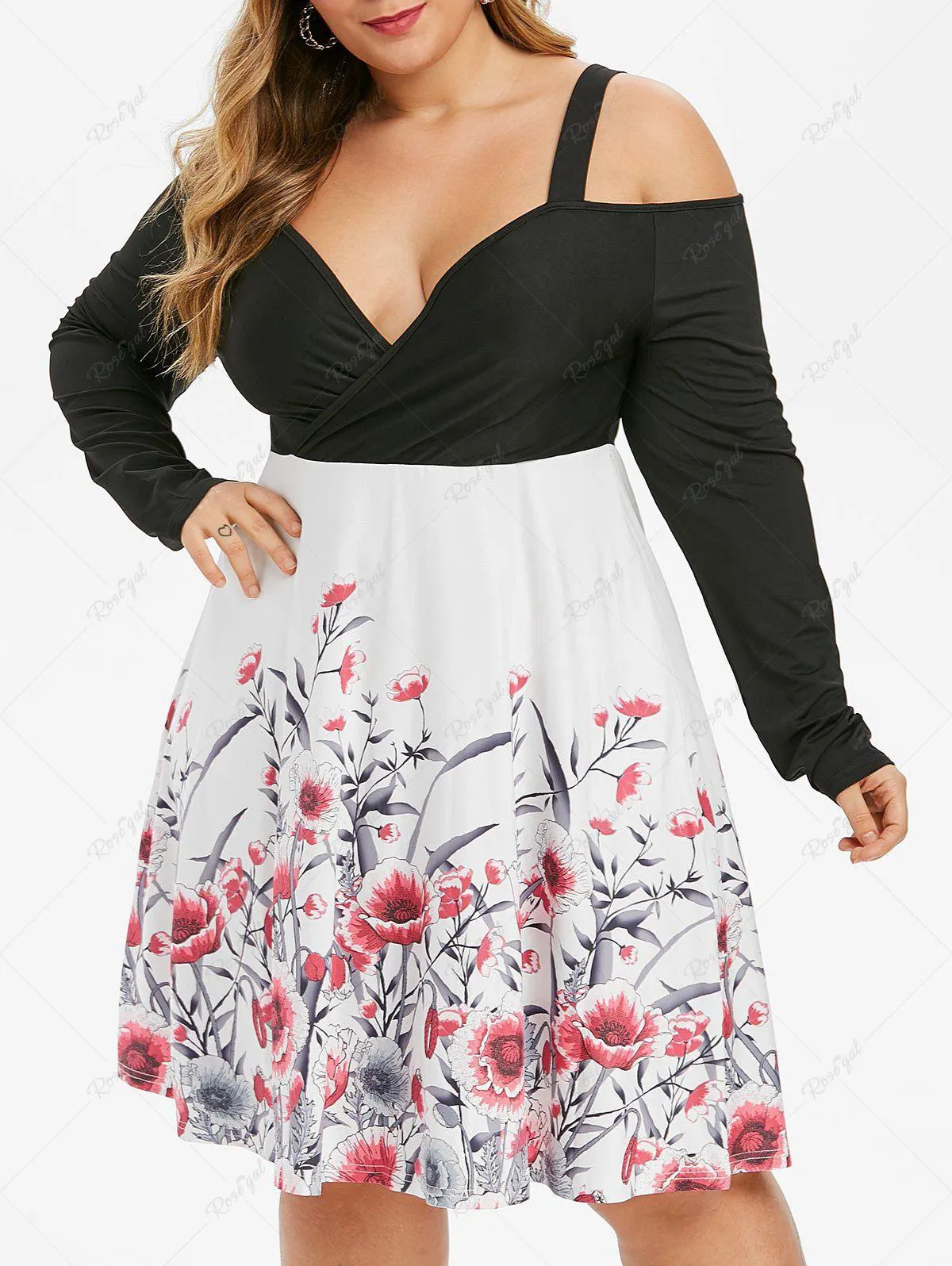 Plus Size Floral Cold Shoulder Surplice Dress - 1x