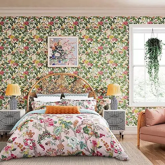 Sanderson Fusang Tree Peach Blossom Cotton 200 Thread Count Duvet Cover Set