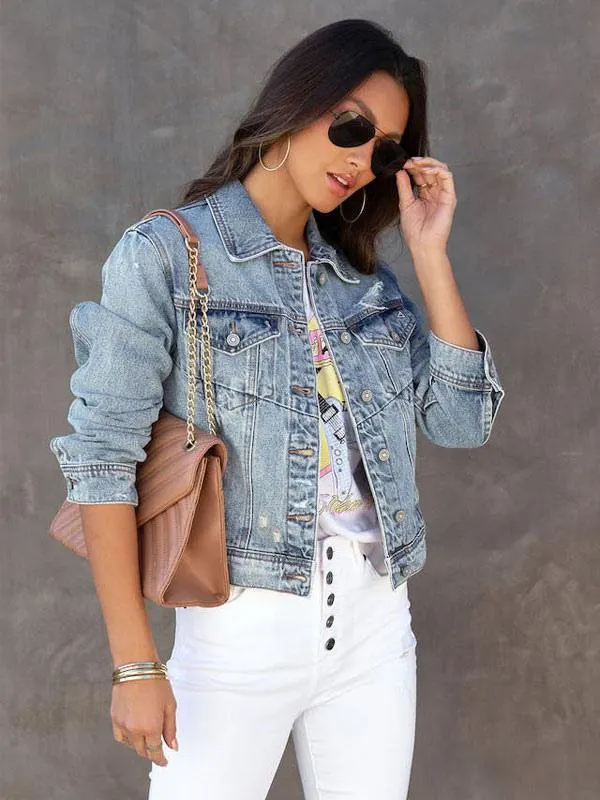 Denim Jackets Turndown Collar Casual Outerwear For Women
