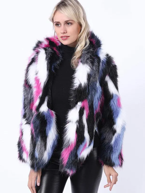 Faux Fur Coats Long Sleeves Chic Color Block Irregular Hooded As Image Winter Coat