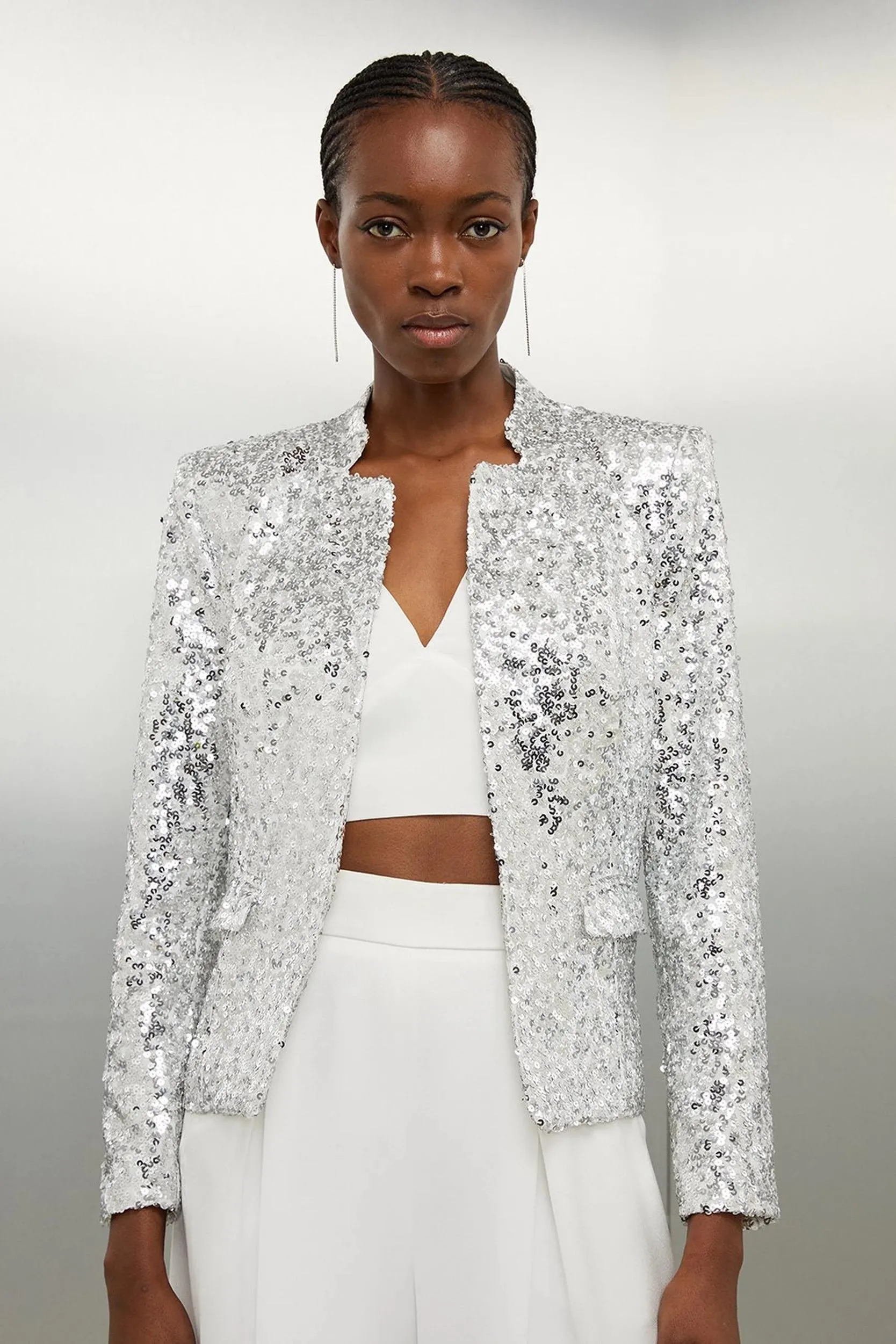 Sequin Notch Neck Longline Blazer
