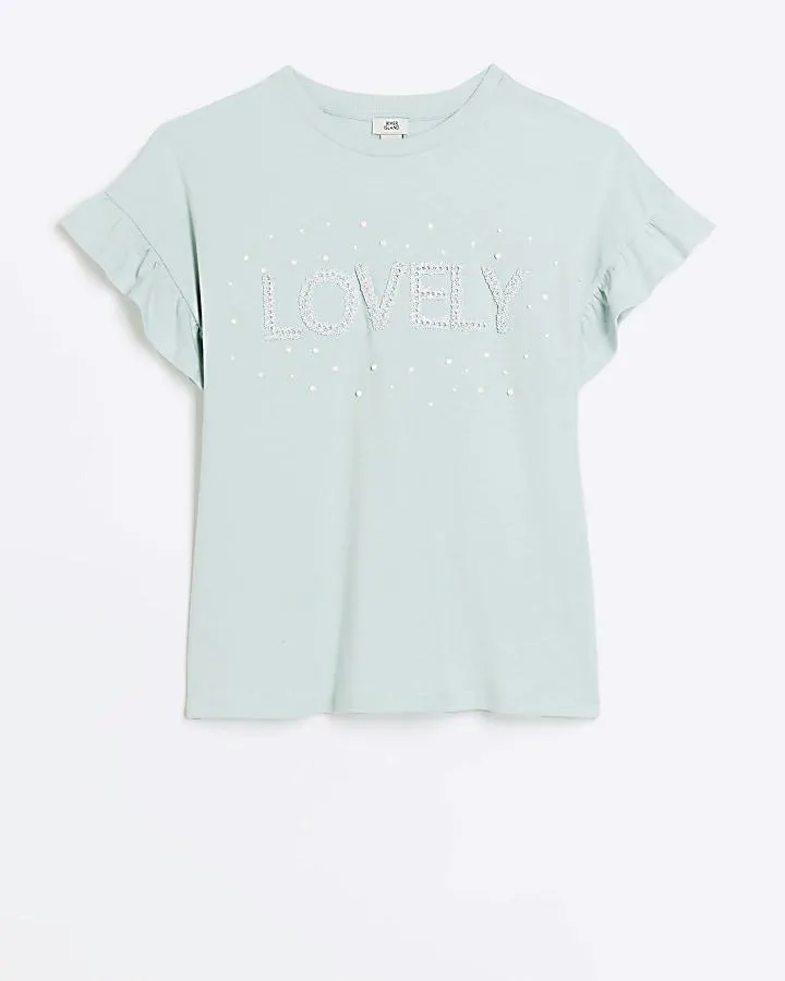 Girls green pearl embellished t-shirt