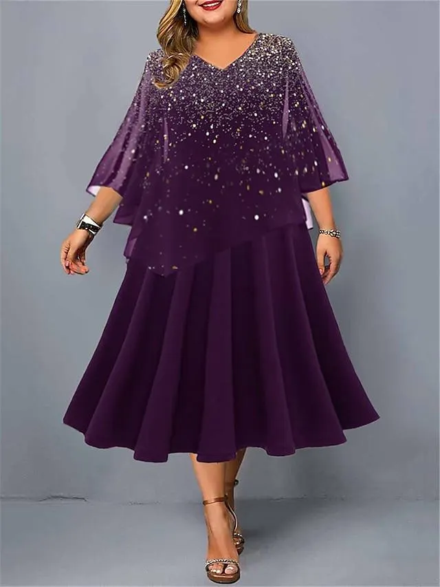 Women's Plus Size Curve Party Dress Cocktail Dress Swing Dress Gradient Midi Dress 3/4 Length Sleeve Layered Print Crew Neck Fashion Party Purple Fall Winter L XL XXL 3XL 4XL