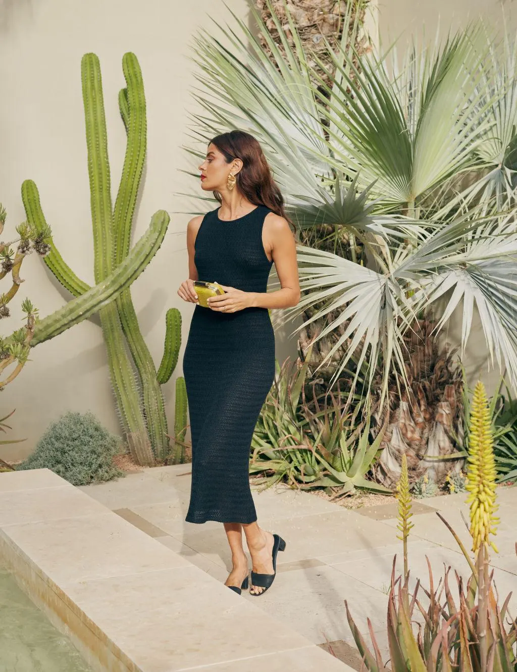 Linen Blend Crochet Scoop Neck Midi Dress