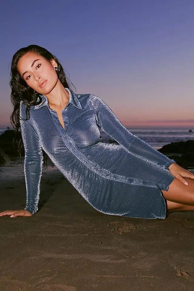 By Anthropologie Long-Sleeve Sheer Mesh Ruched Mini Dress