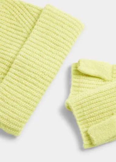 Lime Ribbed Beanie & Fingerless Gloves Set