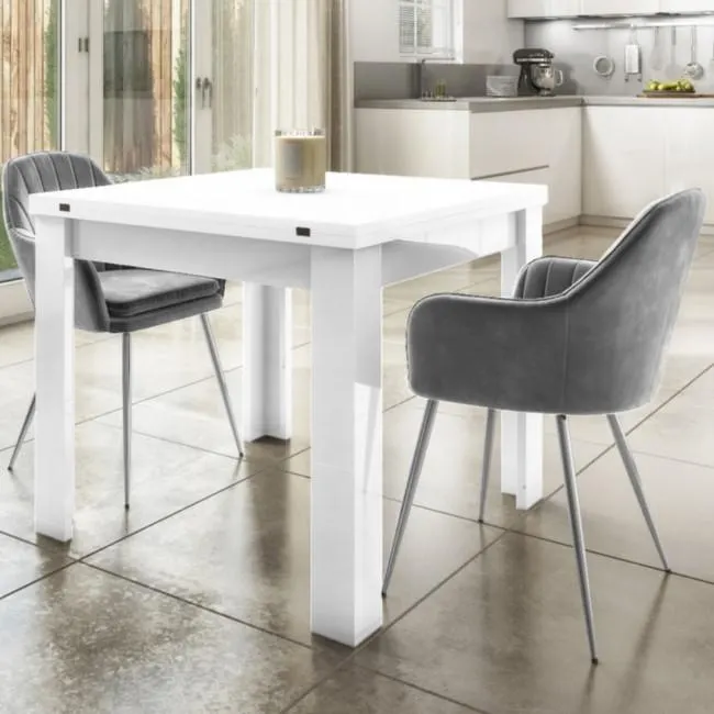 White High Gloss Flip Top Dining Set with 2 Grey Velvet Dining Chairs - Vivienne