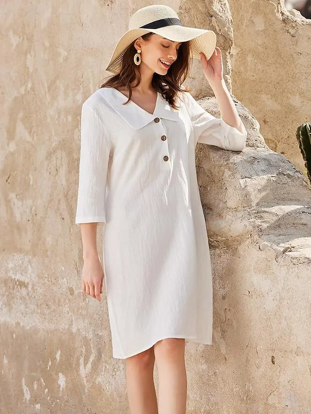 Women's Cotton Linen Dress Soft And Breathable Vacation Weekend Collar Basic 3/4 Length Sleeve Mini Dress 30% Linen 70% Cotton Blend Dress