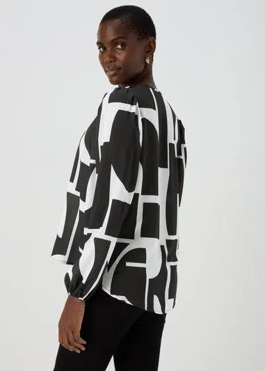 Brown Mono Print Tie Neck Blouse - Size 8