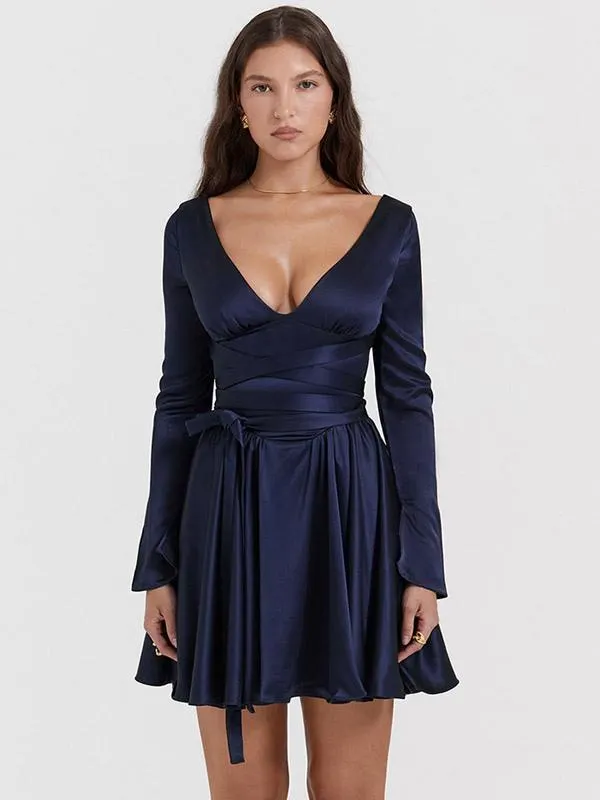 Flared Dress V-neck Long Sleeves Belted Lace Up Party Mini Dresses