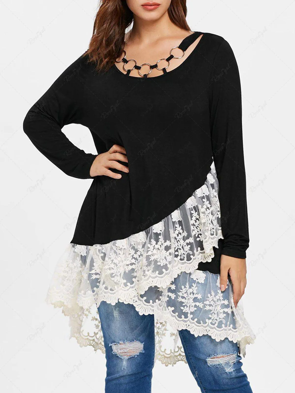 Plus Size O-ring Panel Tulip Hem Floral Lace Trim Layered Tunic T-shirt - 3x | Us 22-24