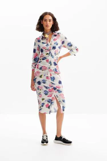 Gathered midi shirt dress