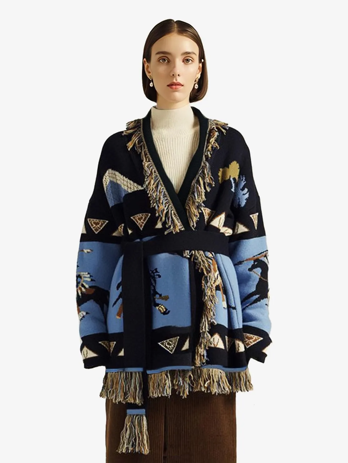 Printed Cardigans Tassel Trim Belted Wool Blend Bohe Inspired Sweater