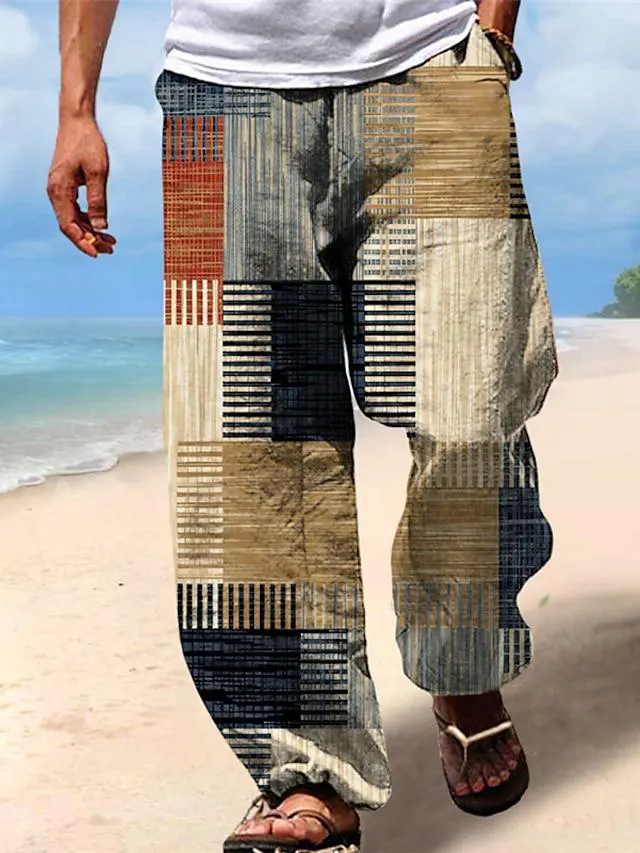 Men's Trousers Summer Pants Beach Pants Drawstring Elastic Waist 3D Print Stripe Graphic Prints Geometry Comfort Casual Daily Holiday Streetwear Hawaiian Yellow Blue