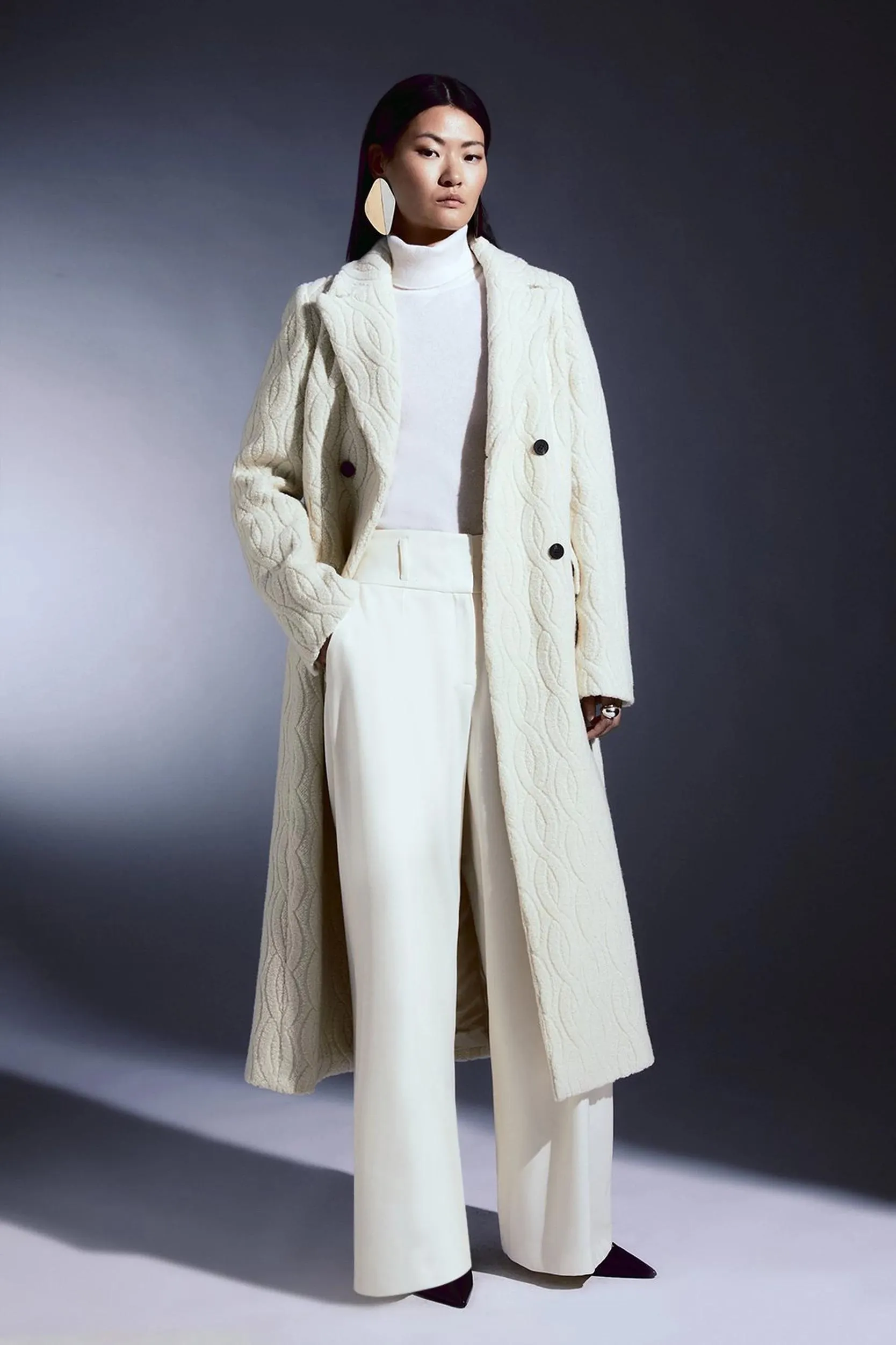 Italian Manteco Wool Relaxed Cable Double Breasted Midi Coat