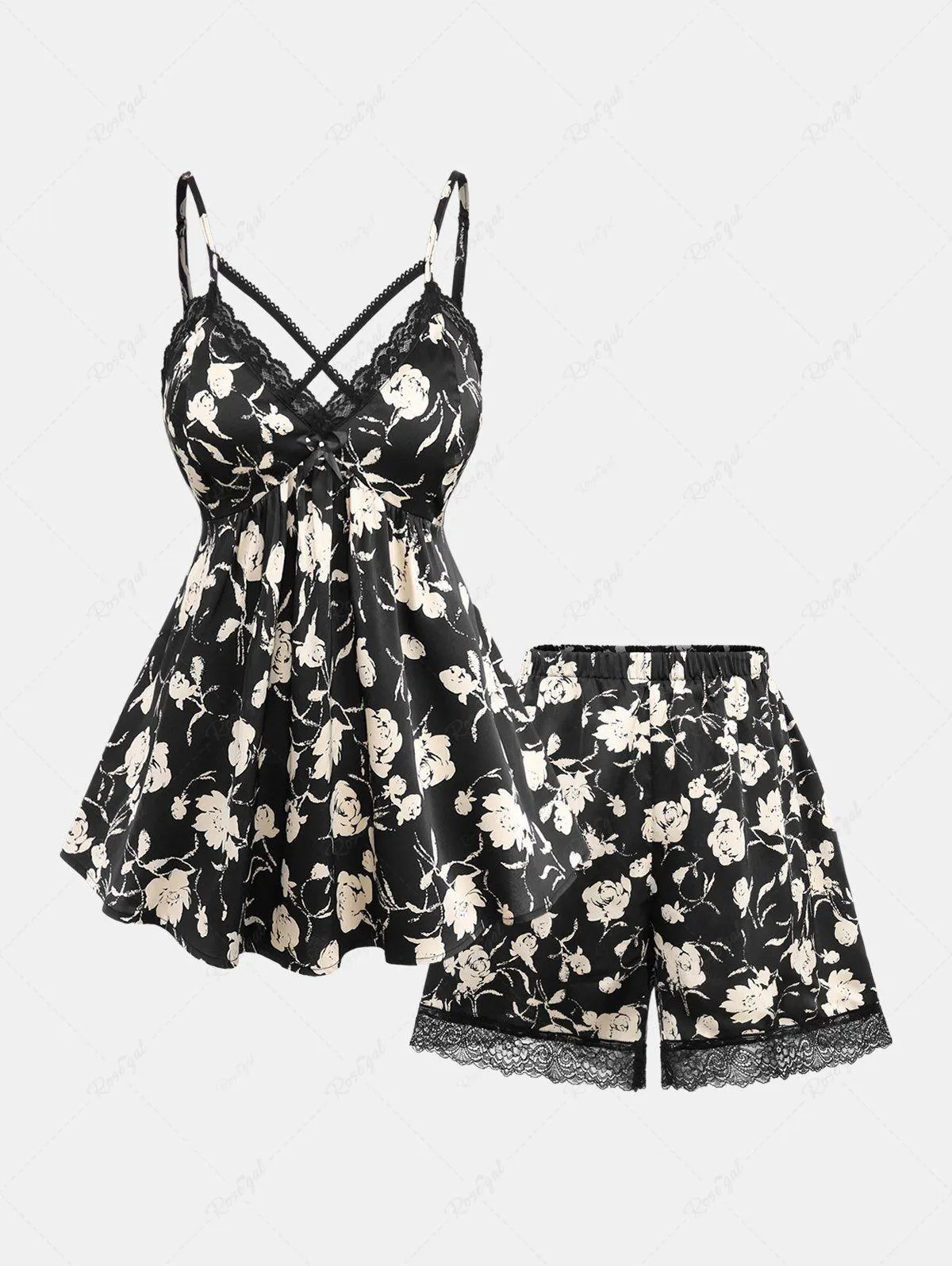 Plus Size Rose Flower Print Lace Trim Crisscross Ruched Bowknot Camisole Set(Adjustable Shoulder Strap) - 3x | Us 22-24