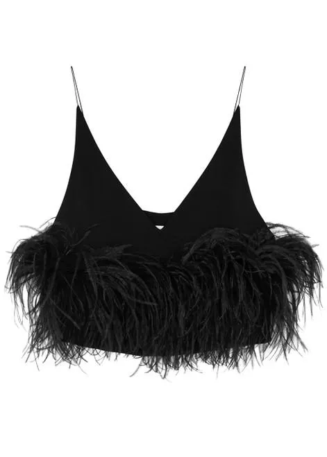 Poppy black feather-trimmed top