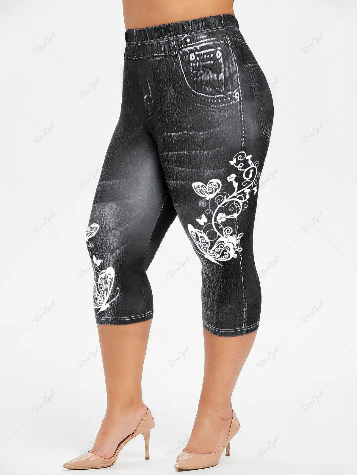 Plus Size 3D Jeans Butterfly Flower Printed Capri Leggings - M | Us 10