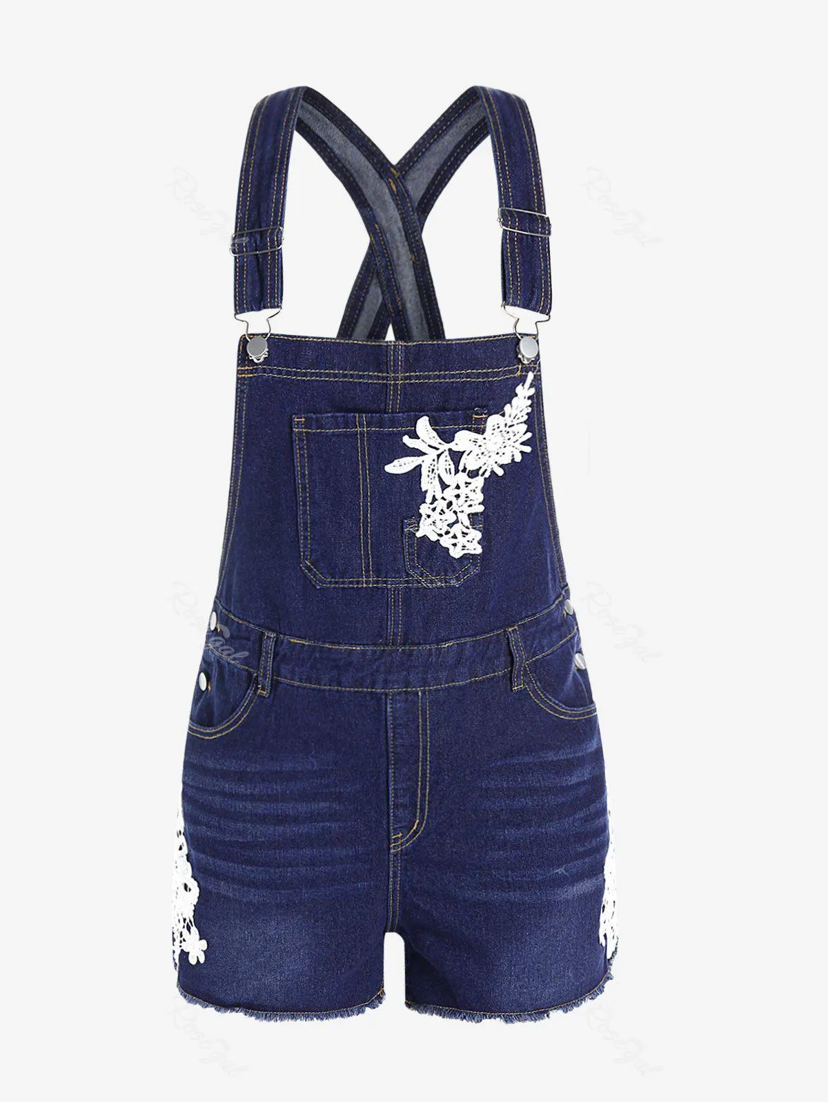 Plus Size & Curve Flower Applique Pocket Frayed Denim Overall Shorts - L