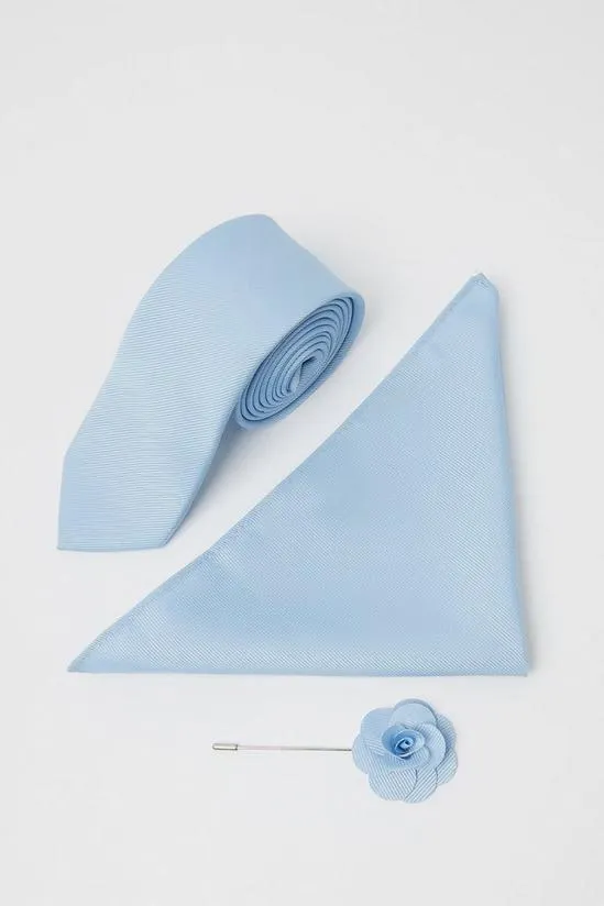 Ice Blue Wedding Plain Tie Set With Matching Lapel Pin