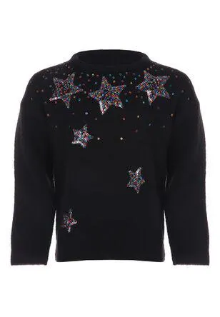 Younger Girls Black Sequin Star Crew Neck Jumper