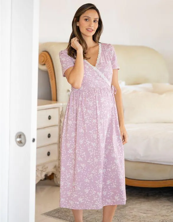Lilac Floral Cotton Maternity & Nursing Night Dress