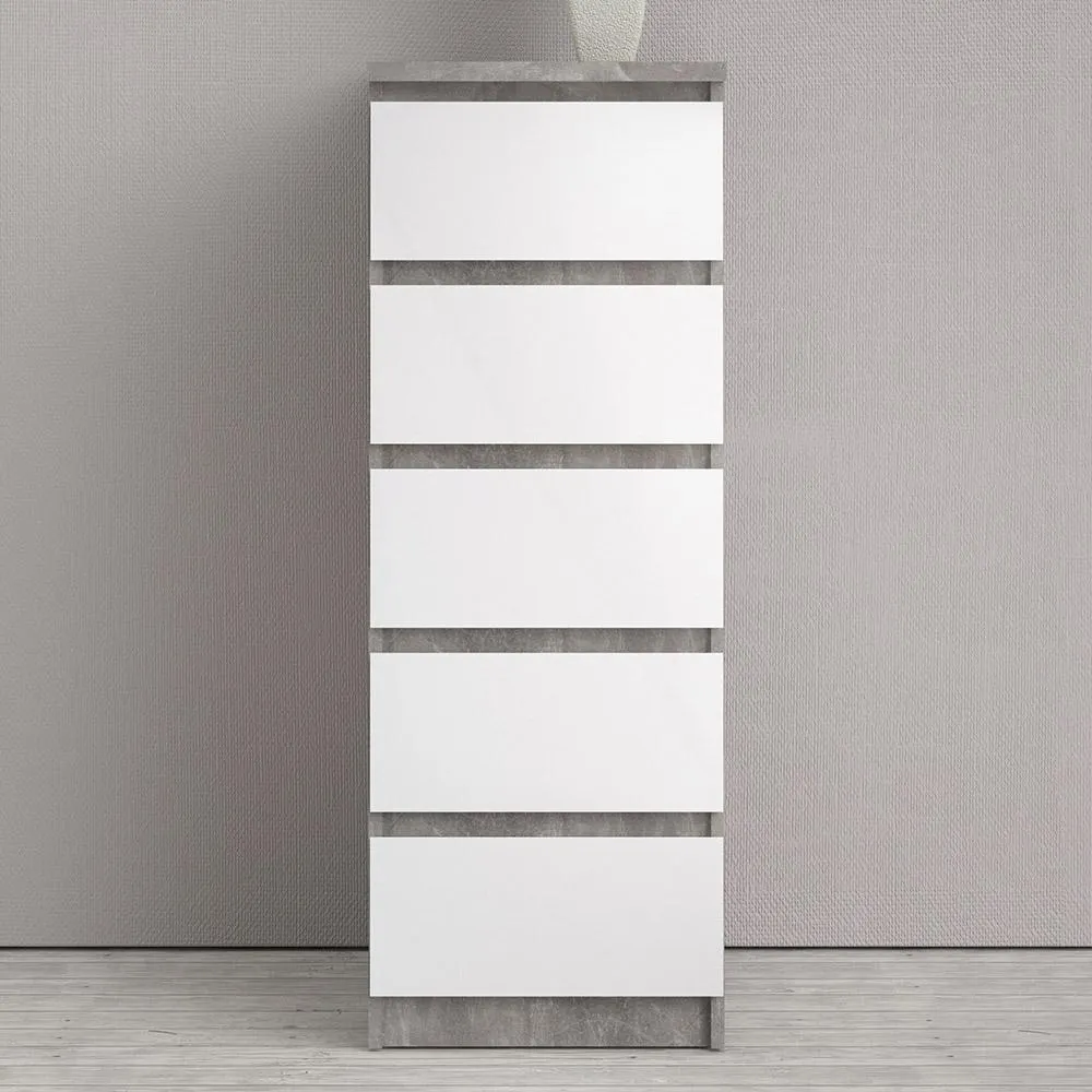 Florence 5 Drawer Concrete and White High Gloss Narrow Chest of Drawers