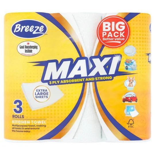 Breeze Maxi 3 Ply Absorbent and Strong Kitchen Towel 3 Rolls