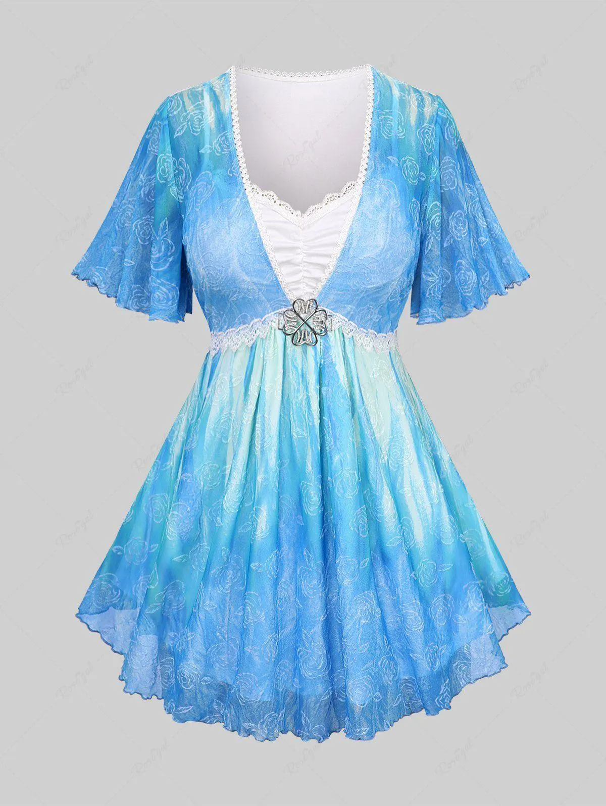 Plus Size Rose Mesh Flower Buckle Lace Trim Ruffles Ruched Flutter Sleeve 2 In 1 T-shirt - L | Us 12
