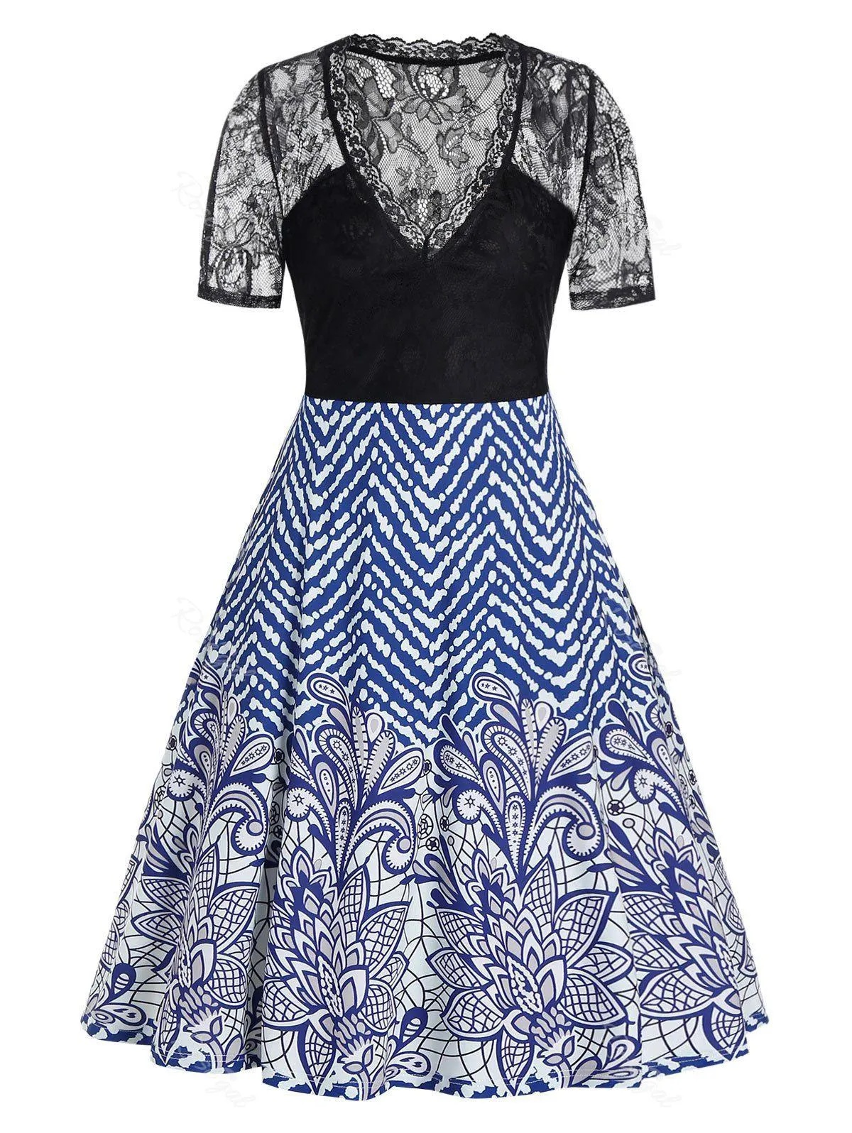 Plus Size Lace Panel Sheer Zigzag Flower Print Plunge Dress - 1x