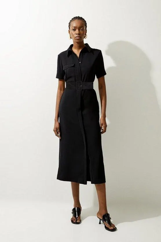 Tailored Crepe Pocket Detail Short Sleeved Belted Midi Shirt Dress