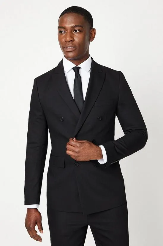 Black Herringbone Double Breasted Suit Jacket