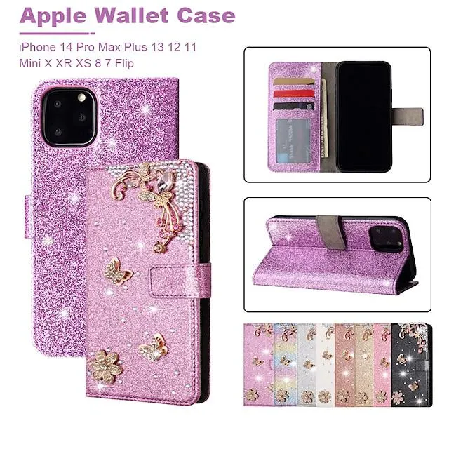 Phone Case For Apple Wallet Case iPhone 14 Pro Max Plus 13 12 11 Mini X XR XS 8 7 Flip Rhinestone Wallet Glitter Shine Crystal Diamond TPU PU Leather