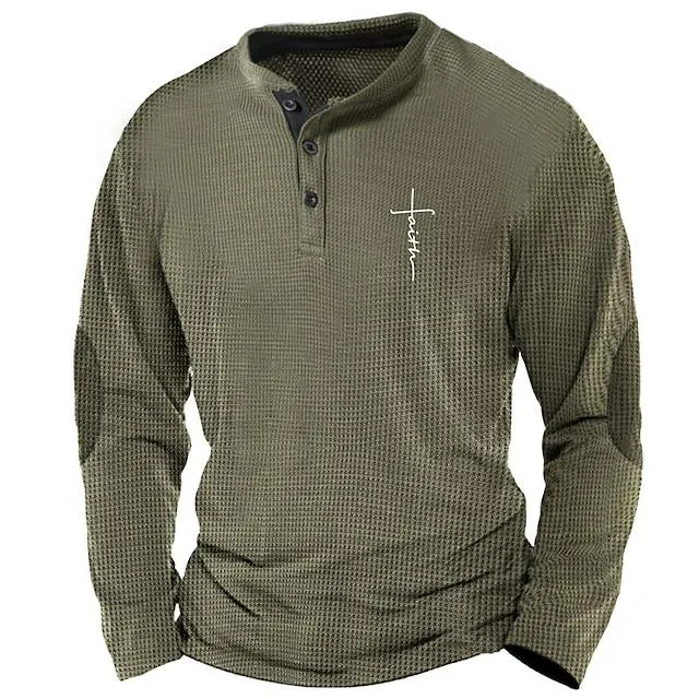 Graphic Cross Faith Designer Simple Retro Vintage Men's 3D Print Henley Shirt Waffle T Shirt Sports Outdoor Holiday Festival T shirt Blue Brown Army Green Long Sleeve Henley Shirt Spring & Fall