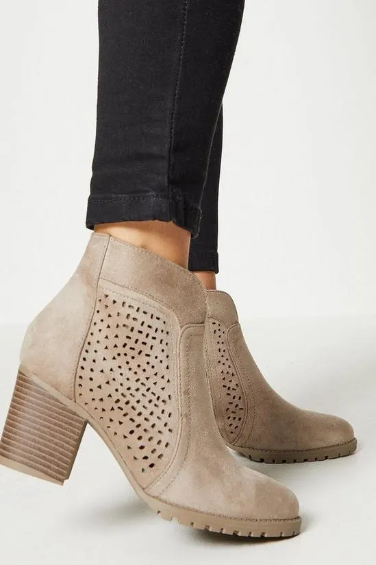 Amberly Lazer Cut Almond Toe Medium Heel Boots