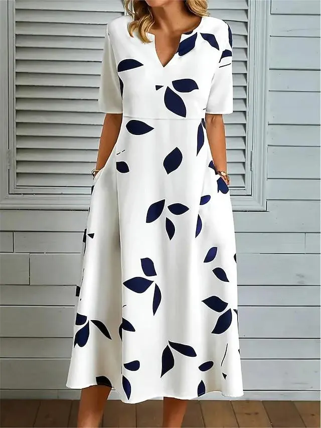 Women's Casual Dress Print Dress Leaf Pocket Print Split Neck Midi Dress Active Fashion Outdoor Daily Half Sleeve Loose Fit White Fall S M L XL XXL