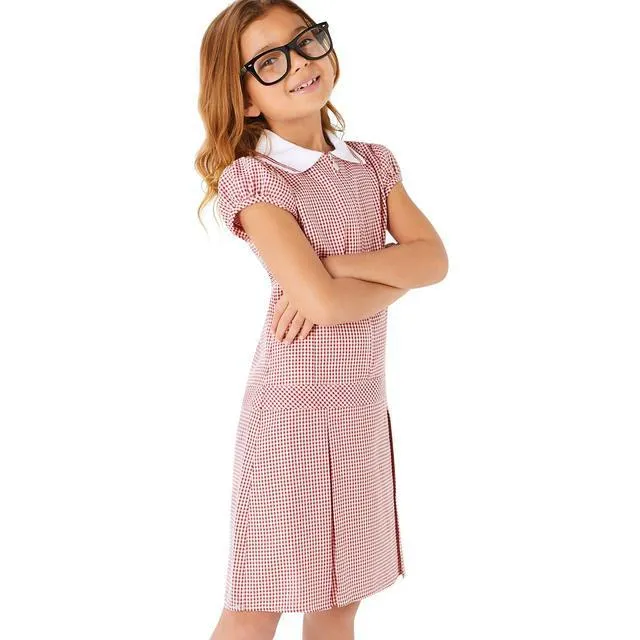 M&S Girls' Gingham Pleated School Dress, 4-10 Years, Red