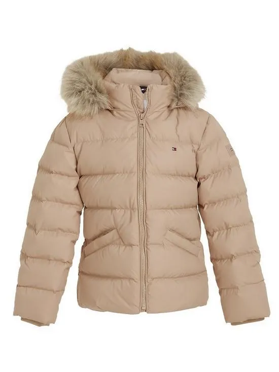 Girls Essential Down Faux Fur Hood Jacket - Beige